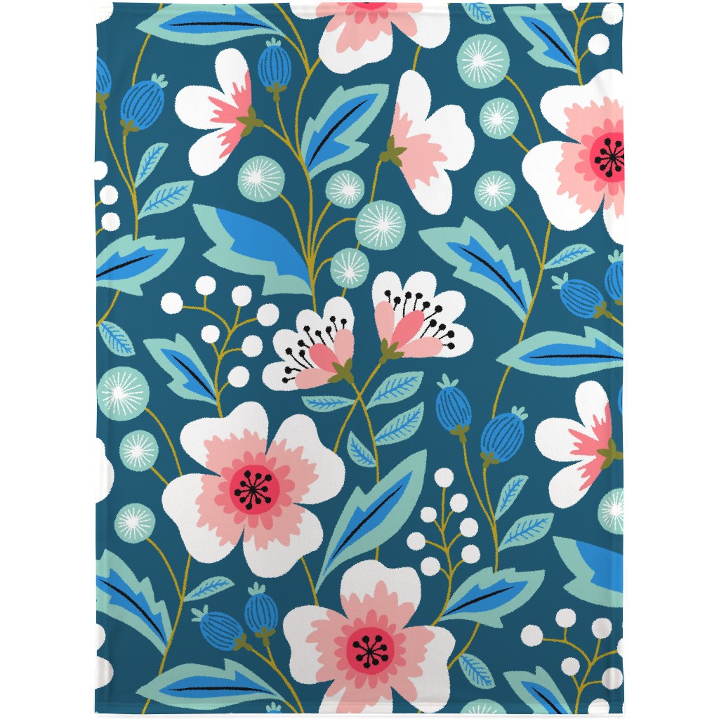 Colorful Spring Flowers - Pink on Blue Blanket, Sherpa, 30x40, Green