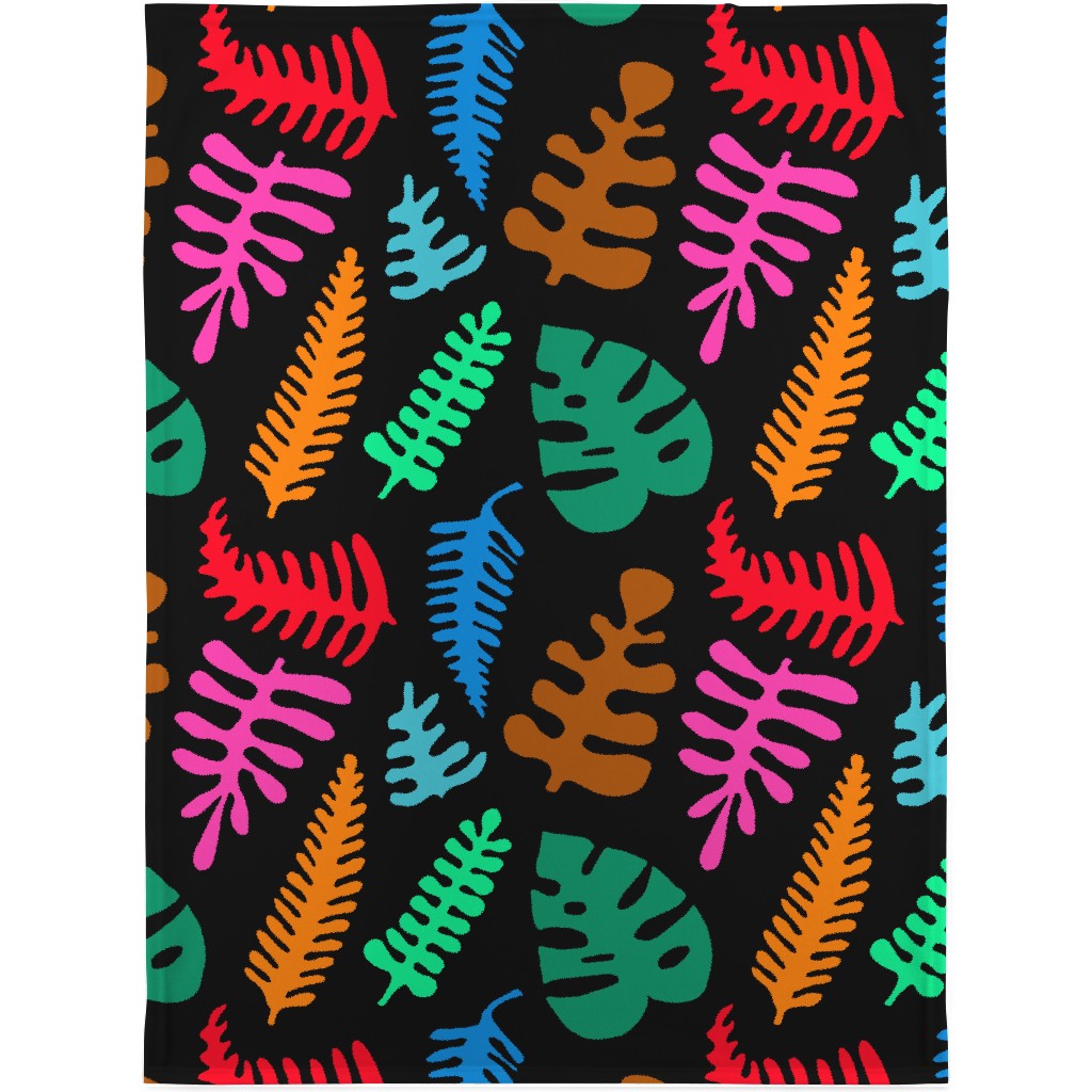 Mod Minimalist Leaves - Multi on Black Blanket, Sherpa, 30x40, Multicolor