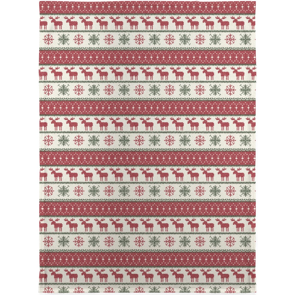 Fair Isle Moose - Red, Green and Cream Blanket, Sherpa, 30x40, Multicolor