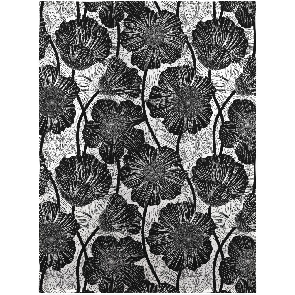Mid Century Modern Floral - Black and White Blanket, Sherpa, 30x40, Black