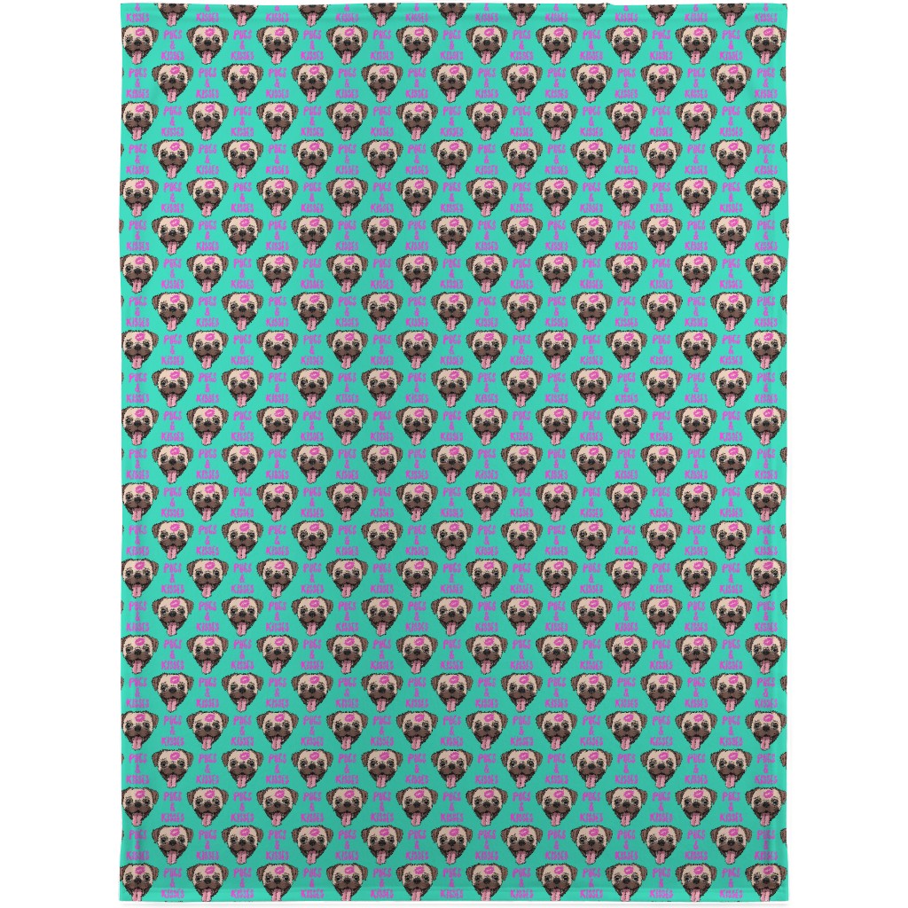 Pugs & Kisses - Cute Pug Dog - Teal Blanket, Sherpa, 30x40, Green