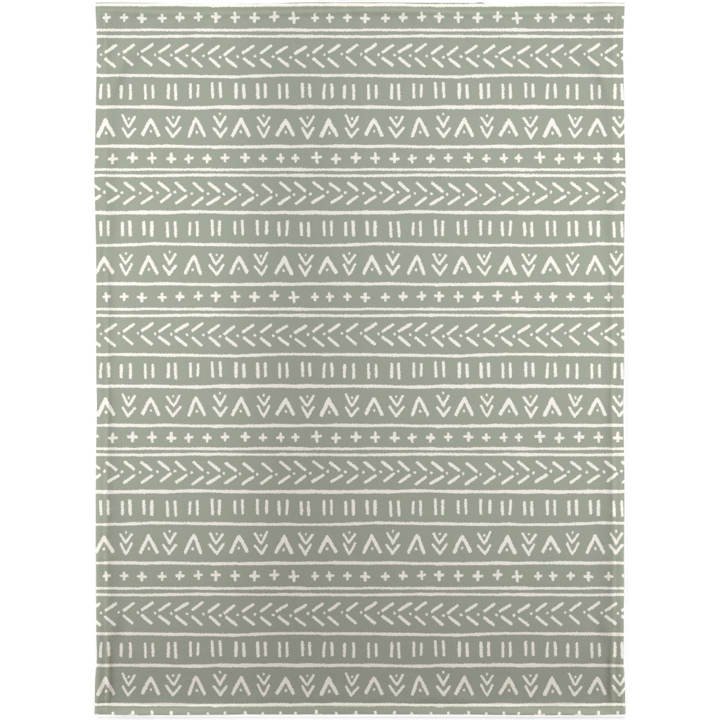 Organic Mudcloth - Bone on Desert Sage Blanket, Sherpa, 30x40, Green