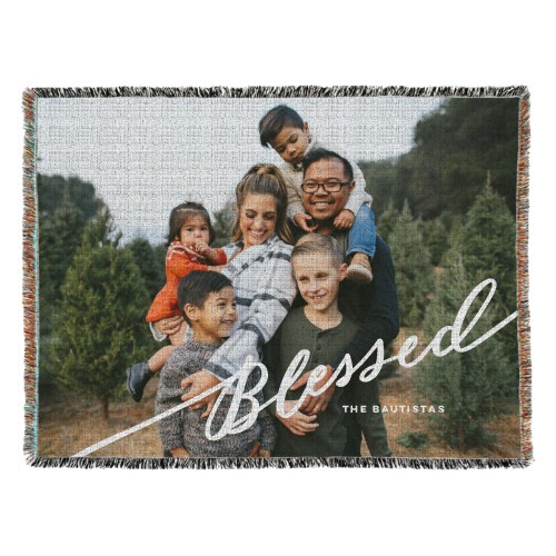 Tilted Blessed Script Woven Photo Blanket, 54x70, White, white