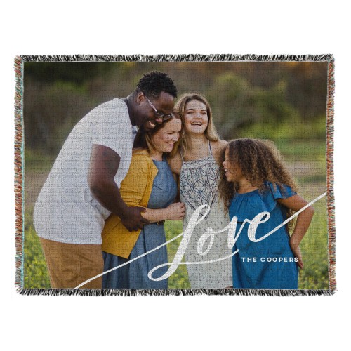 Tilted Love Script Woven Photo Blanket, 54x70, White