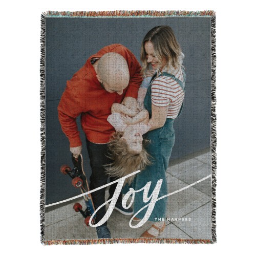 Tilted Joy Script Woven Photo Blanket, 54x70, White