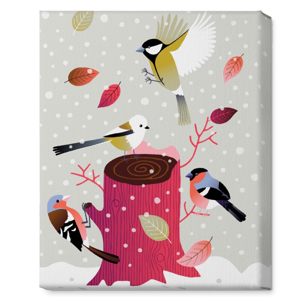 Winter Birds on Tree Stump - Red & Gray Wall Art, No Frame, Single piece, Canvas, 16x20, Multicolor