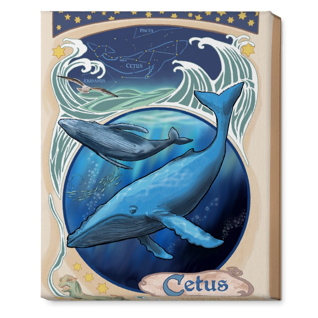 Art Nouveau Cetus the Humpback Whale Wall Art, No Frame, Single piece, Canvas, 16x20, Blue, True Blue