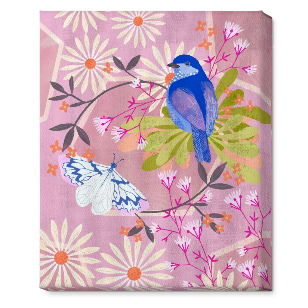 Birds and Butterfly - Pink Wall Art, No Frame, Single piece, Canvas, 16x20, Pink