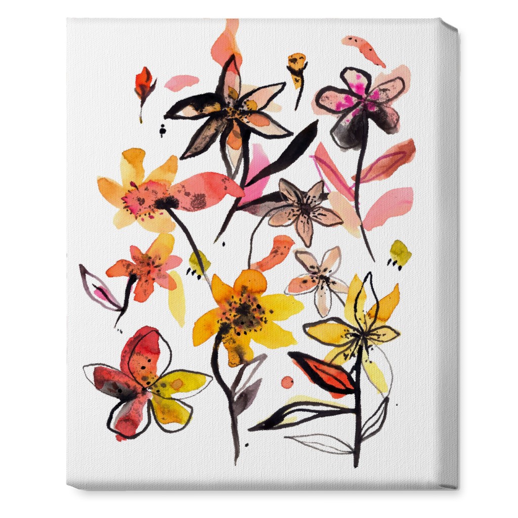 Ink Summer Floral - Pink and Yellow Wall Art, No Frame, Single piece, Canvas, 16x20, Pink, Bright Pink