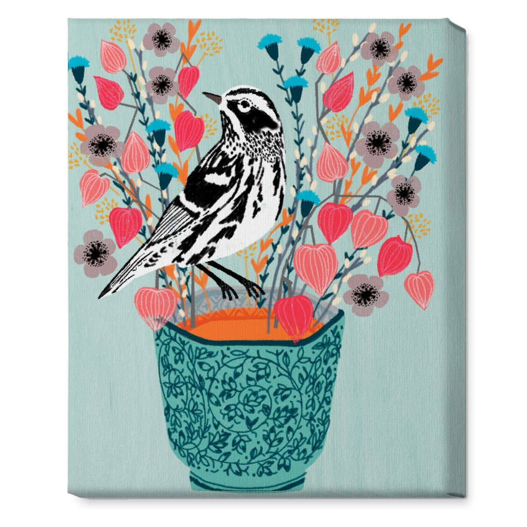 Warbler Bird - Black & White on Blue Flower Pot Wall Art, No Frame, Single piece, Canvas, 16x20, Multicolor