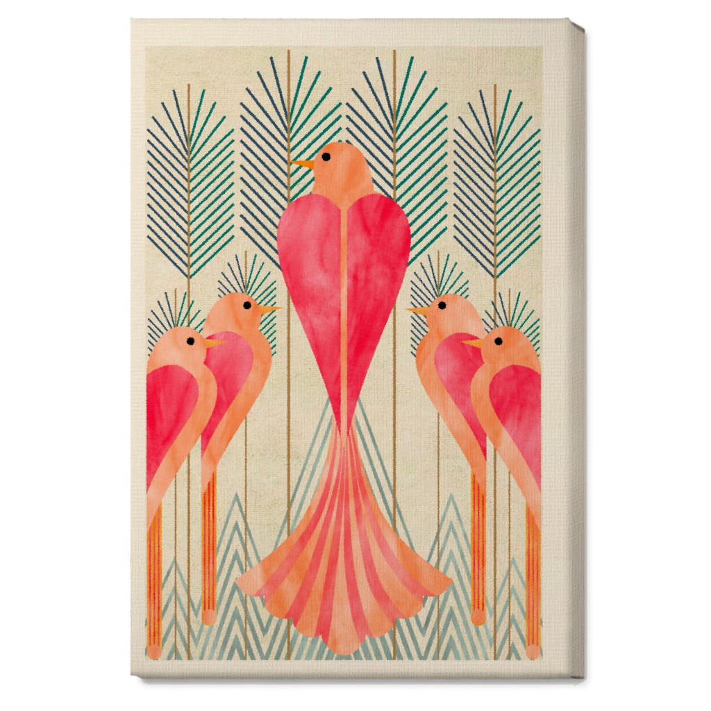 Modern Love Birds in a Pine Forest Wall Art, No Frame, Single piece, Canvas, 20x30, Pink