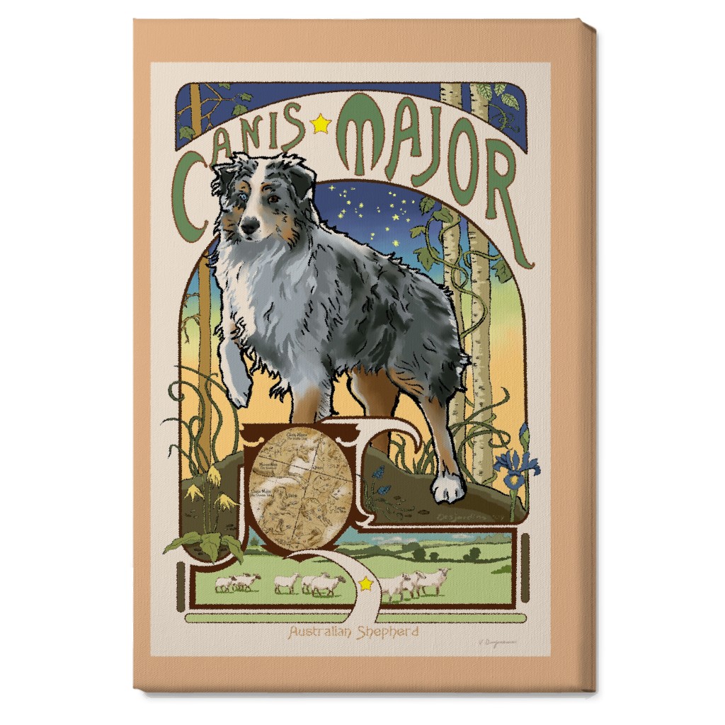 Art Nouveau Canis Major Aussie Wall Art, No Frame, Single piece, Canvas, 20x30, Multicolor