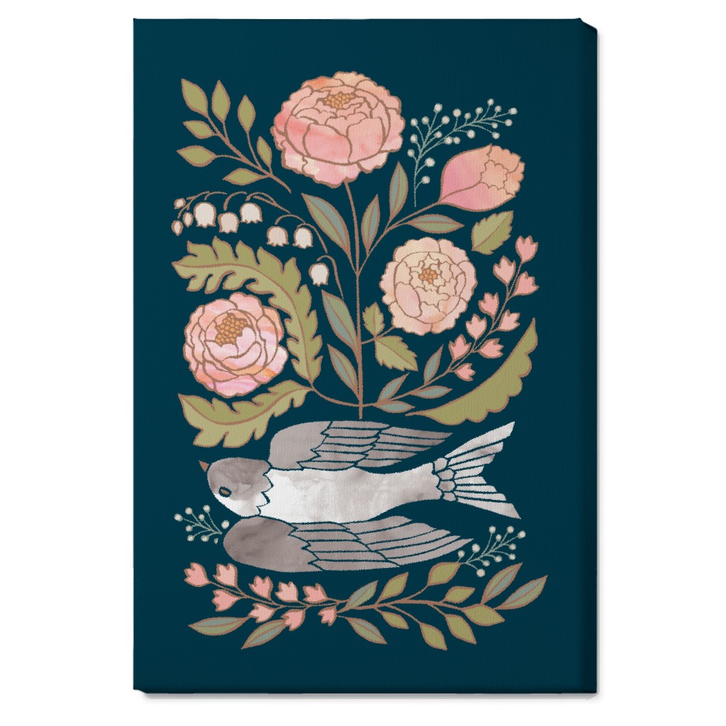 Bloom - Dove & Pink Peonies on Blue Wall Art, No Frame, Single piece, Canvas, 20x30, Multicolor