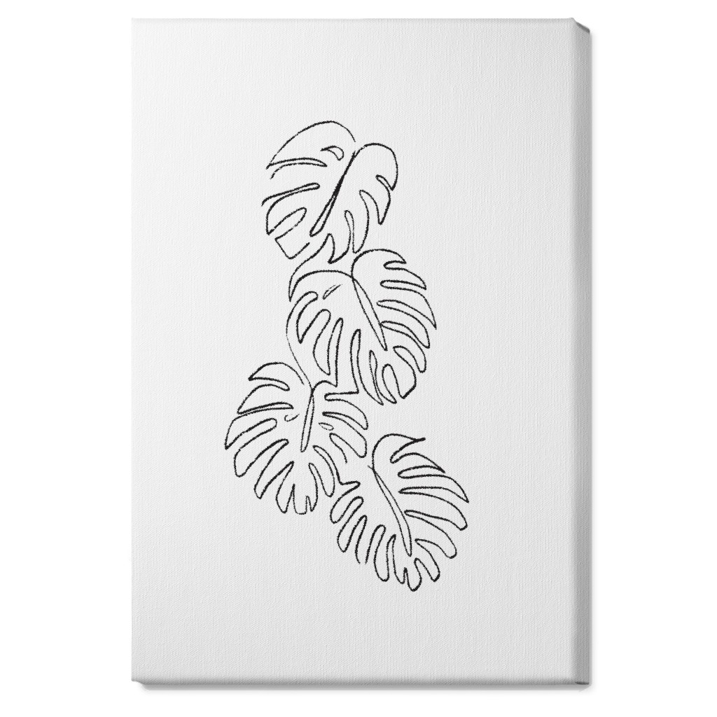 Monstera Leaf Line Art - Black and White Wall Art, No Frame, Single piece, Canvas, 20x30, White