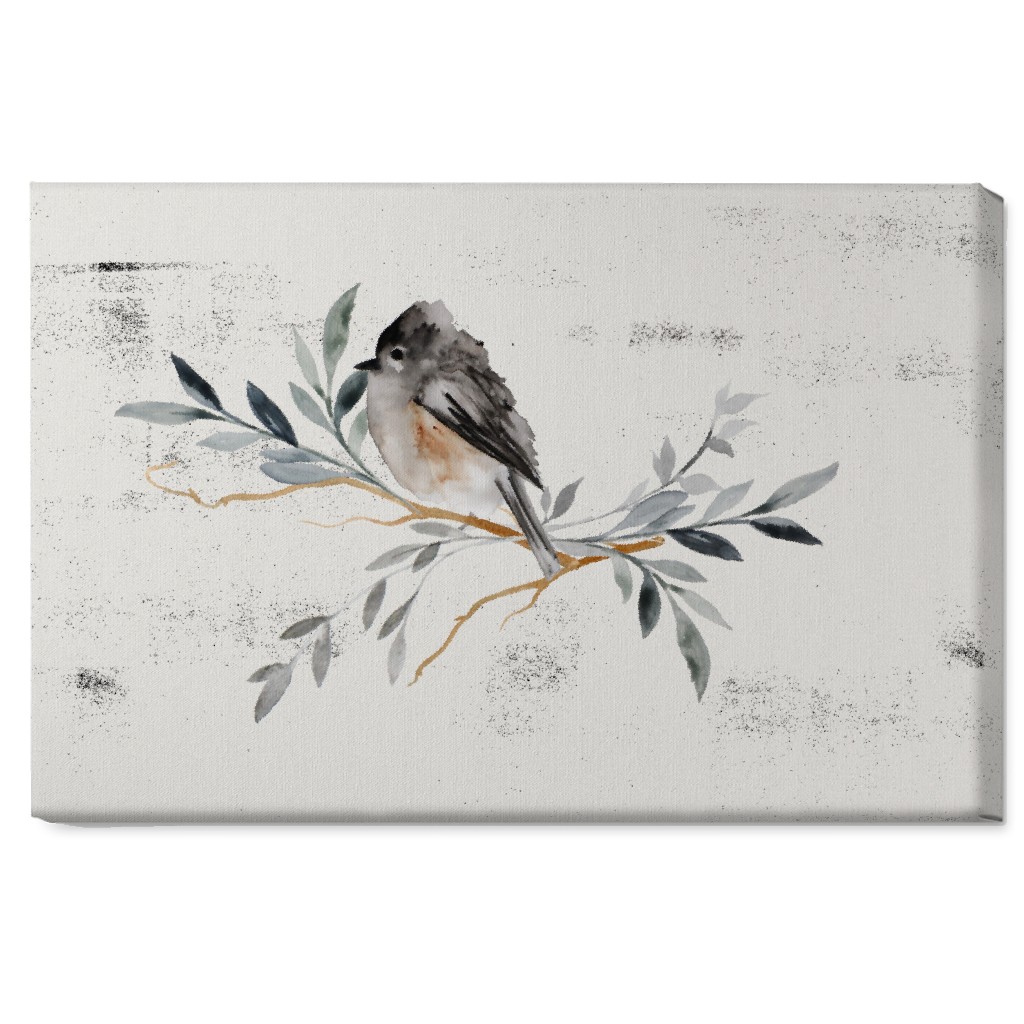 Winter Bird on Branch - Blue Wall Art, No Frame, Single piece, Canvas, 20x30, Gray, Gray