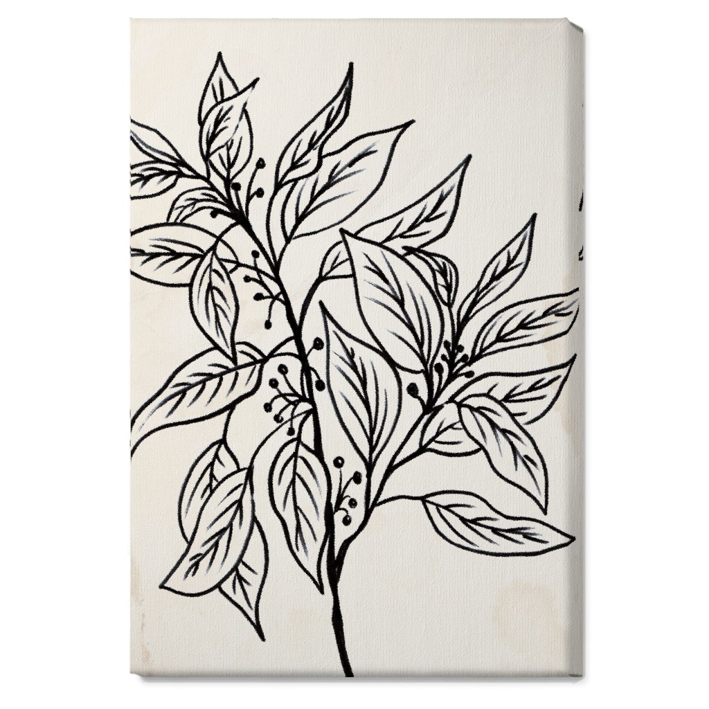 Vintage Branch With Leaves Sketch - Beige and Black Wall Art, No Frame, Single piece, Canvas, 20x30, Beige
