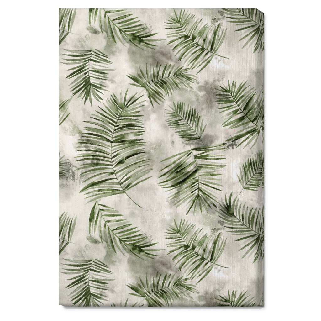 Watercolor Botanical Palms - Green on Beige Wall Art, No Frame, Single piece, Canvas, 20x30, Green