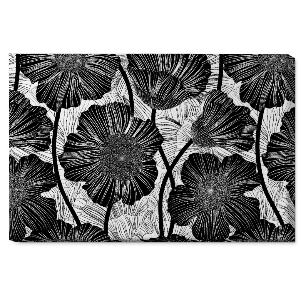 Mid Century Modern Floral - Black and White Wall Art, No Frame, Single piece, Canvas, 20x30, Black, Black