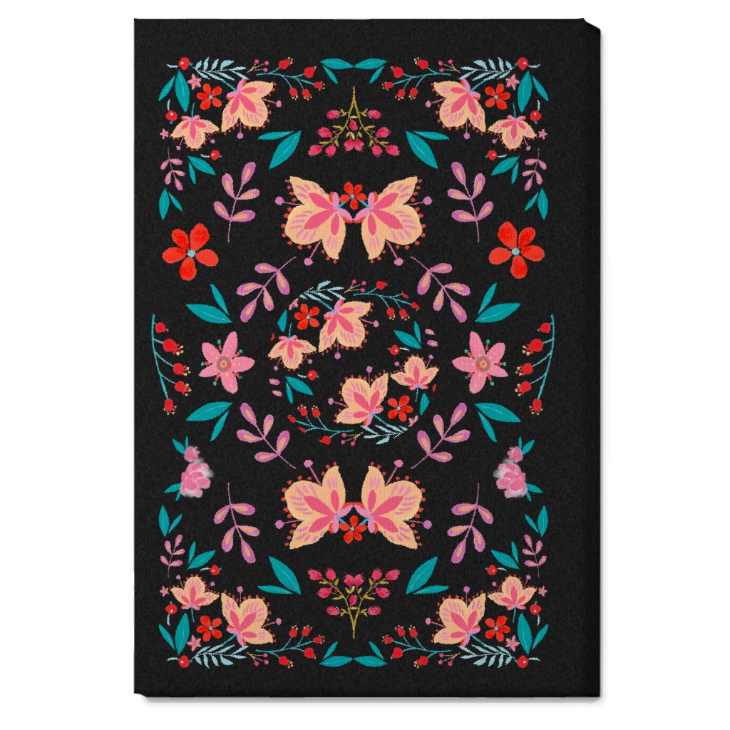 Pink Flora Folk Art on Black Wall Art, No Frame, Single piece, Canvas, 20x30, Multicolor