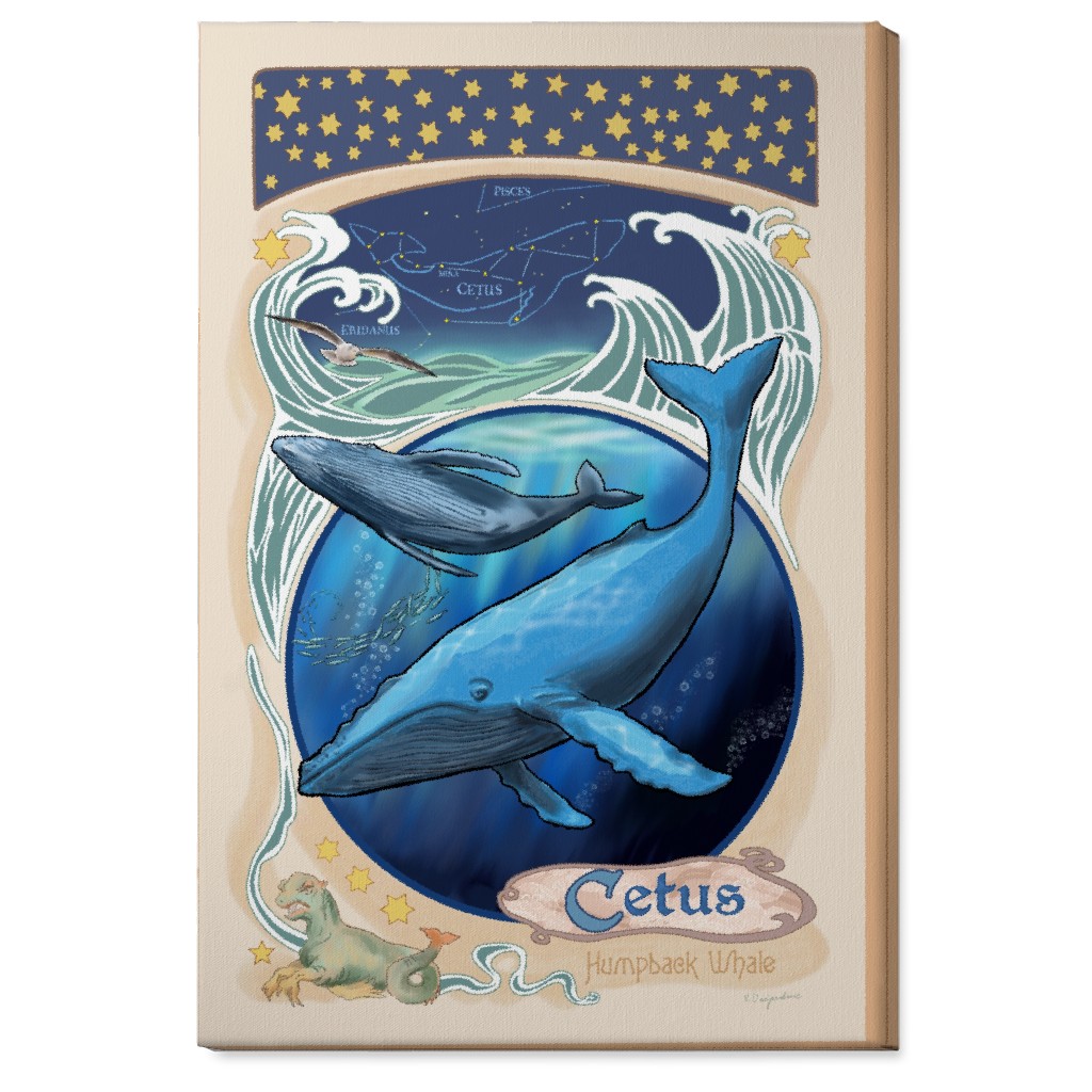 Art Nouveau Cetus the Humpback Whale Wall Art, No Frame, Single piece, Canvas, 24x36, Blue, True Blue