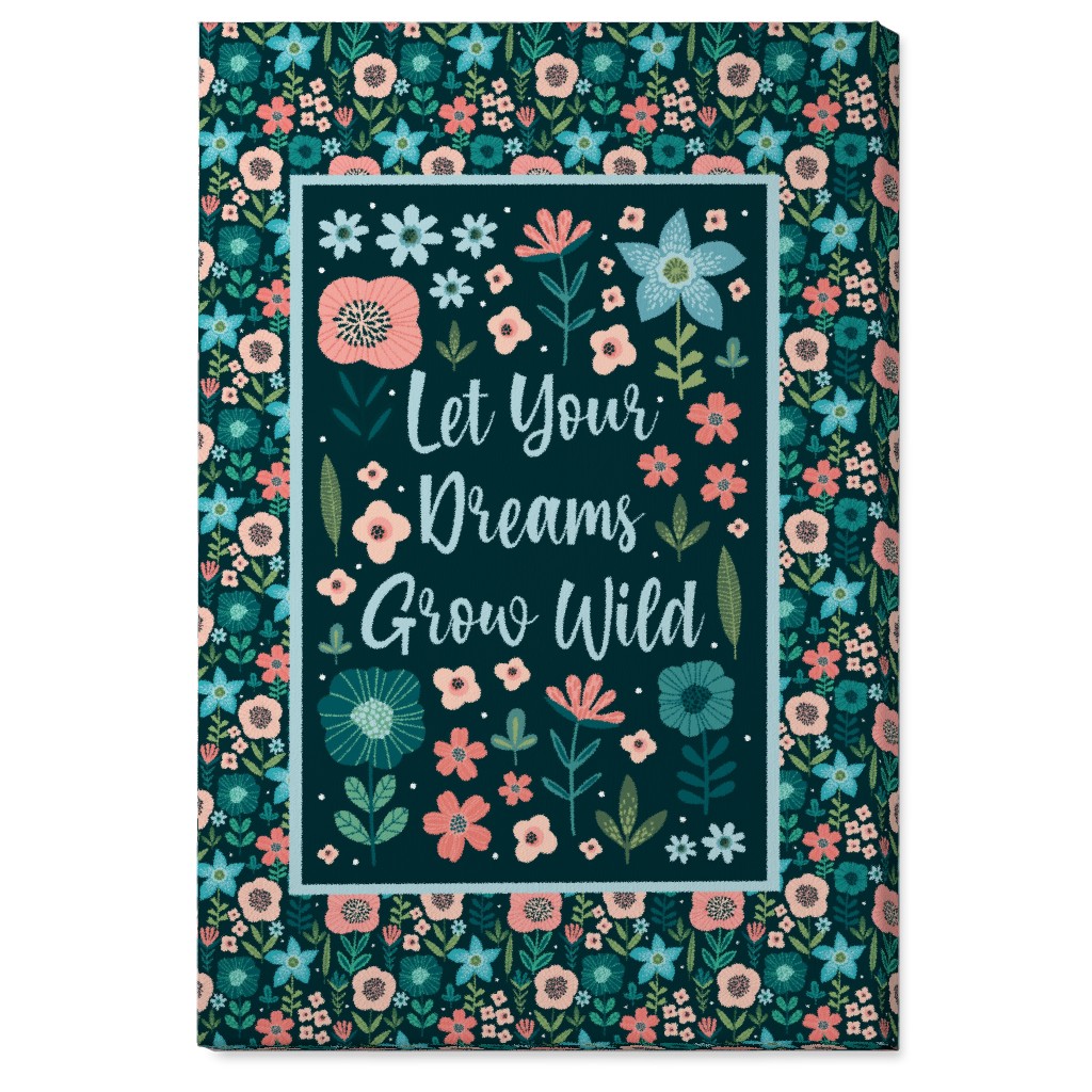 Let Your Dreams Grow Wild - Florals in Coral, Aqua & Turquoise on Navy Wall Art, No Frame, Single piece, Canvas, 24x36, Blue, True Blue
