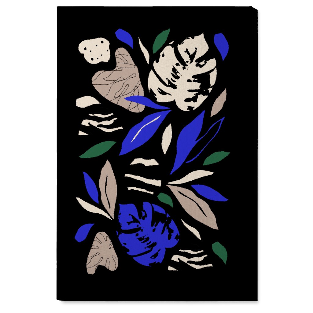 Abstract Leaves - Blue & Tan on Navy Wall Art, No Frame, Single piece, Canvas, 24x36, Blue