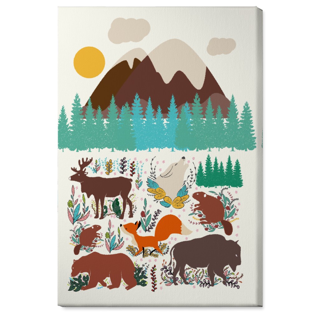 Wildlife Mountain Illustration Wall Art, No Frame, Single piece, Canvas, 24x36, Multicolor