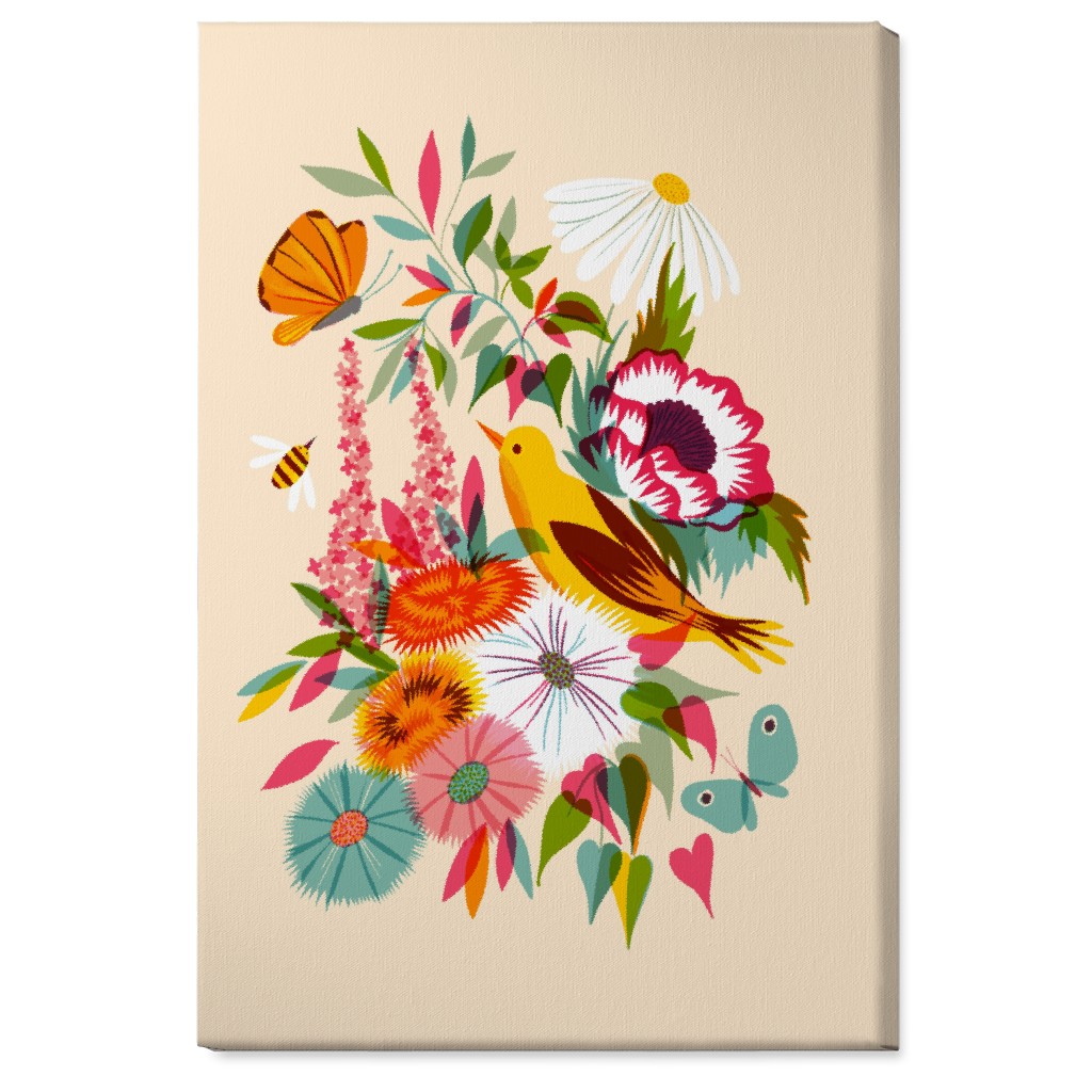 Florals With Pirol and Butterfly - Multi Wall Art, No Frame, Single piece, Canvas, 24x36, Multicolor