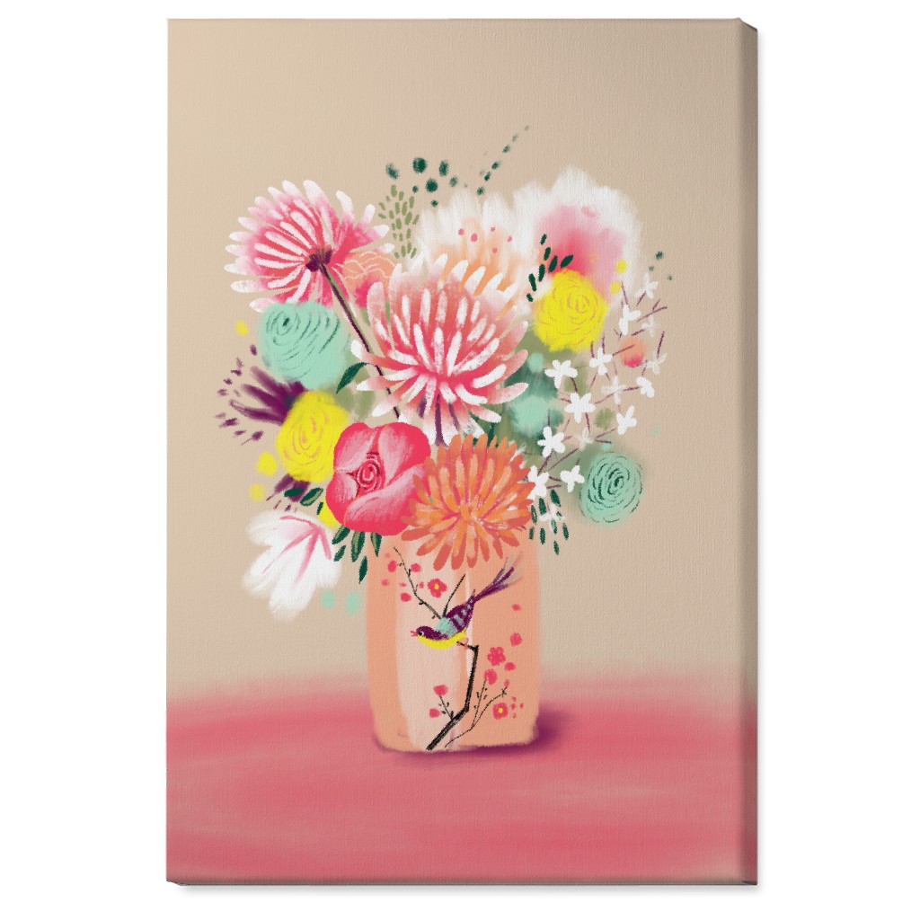 Bouquet in a Bird Vase Wall Art, No Frame, Single piece, Canvas, 24x36, Pink, Bright Pink