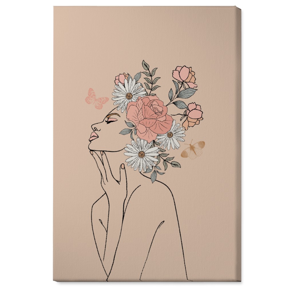 Feminine Line Art Botanical Sketch - Neutral Wall Art, No Frame, Single piece, Canvas, 24x36, Beige, Pearl