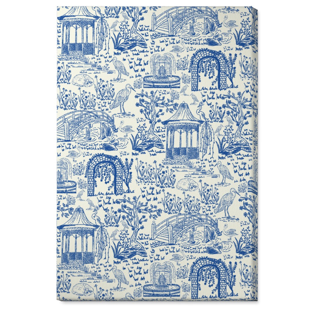 Garden Walk Toile De Jouy - Blue Wall Art, No Frame, Single piece, Canvas, 24x36, Blue, True Blue
