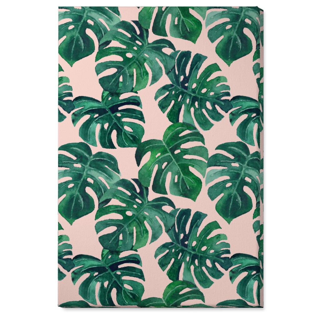 Watercolor Monstera Leaves Wall Art, No Frame, Single piece, Canvas, 24x36, Green, Pearl