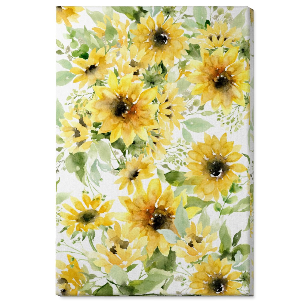 Field of Sunflowers Watercolor - Yellow Wall Art, No Frame, Single piece, Canvas, 24x36, Yellow, Classic Yellow