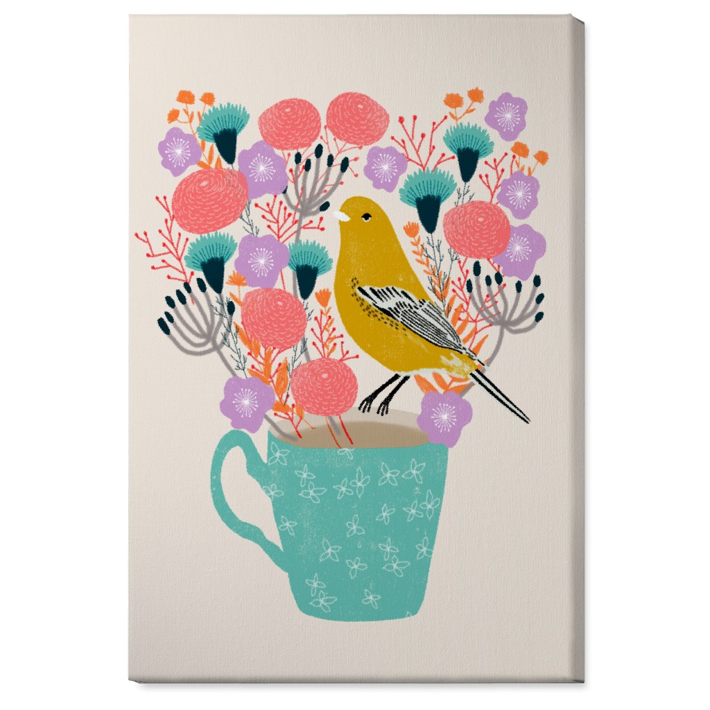 Yellow Bird on Teacup Bouquet Wall Art, No Frame, Single piece, Canvas, 24x36, Multicolor