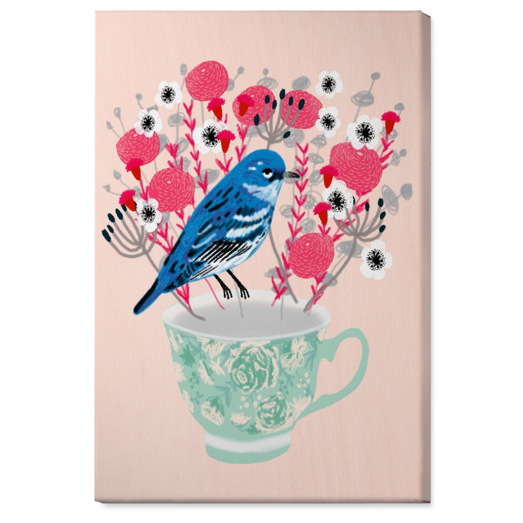 Blue Bird on Teacup Bouquet Wall Art, No Frame, Single piece, Canvas, 24x36, Multicolor