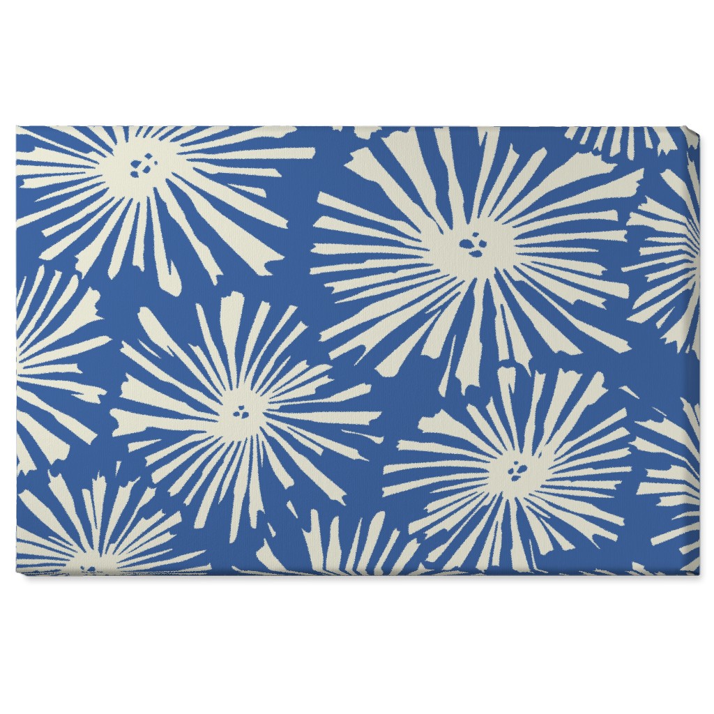 Cactus Blooms - Cream on Blue Wall Art, No Frame, Single piece, Canvas, 24x36, Blue, True Blue