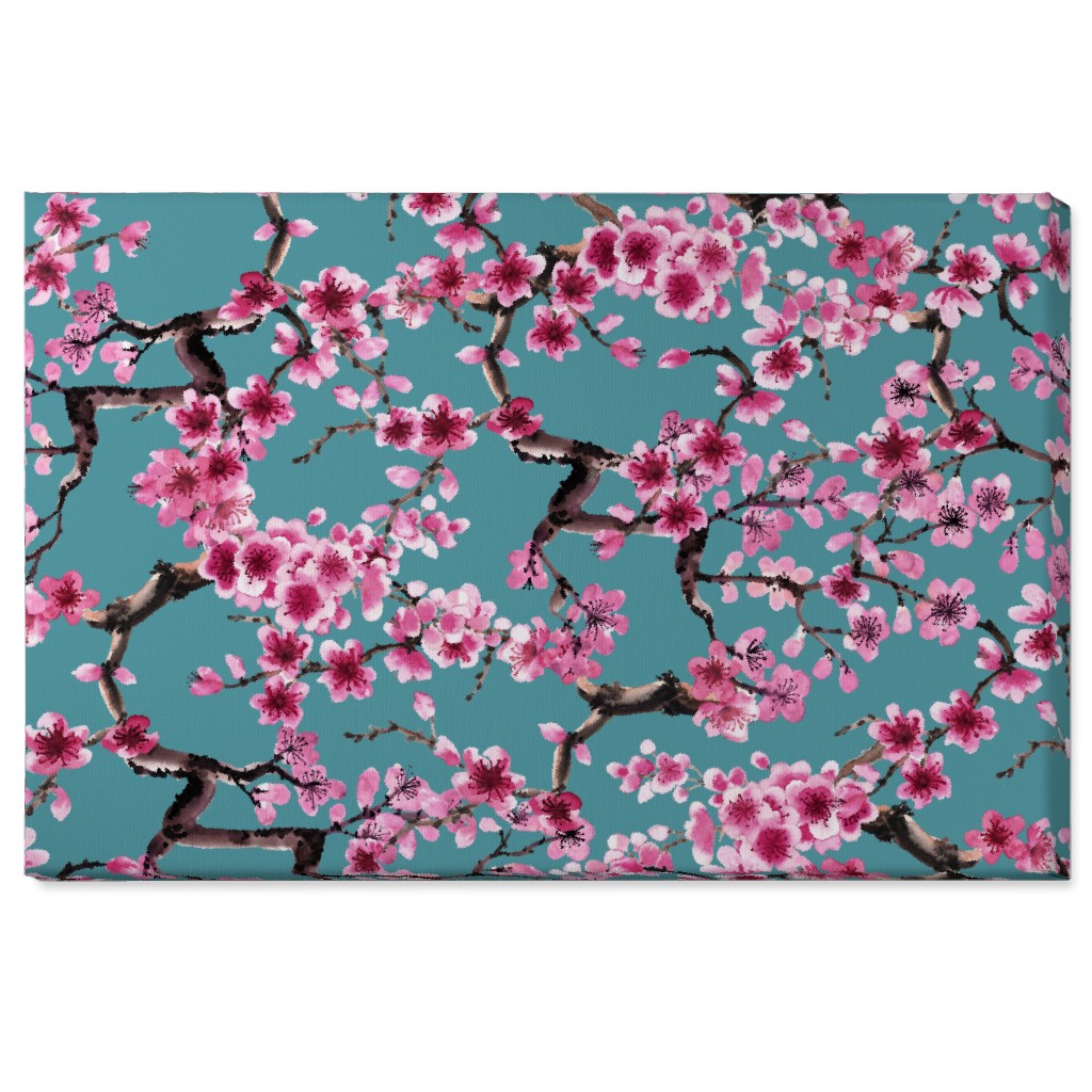 Sakura - Pink on Turquoise Wall Art, No Frame, Single piece, Canvas, 24x36, Blue