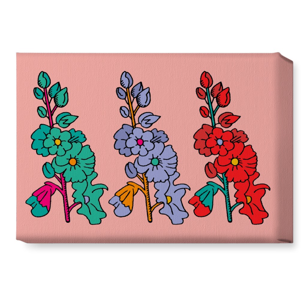 Row of Colorful Hollyhocks - Multi on Pink Wall Art, No Frame, Single piece, Canvas, 10x14, Multicolor