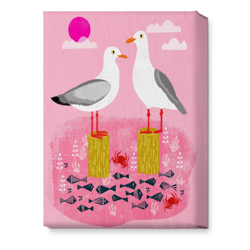Perched Seagulls - Pink Wall Art, No Frame, Single piece, Canvas, 10x14, Pink, Bright Pink