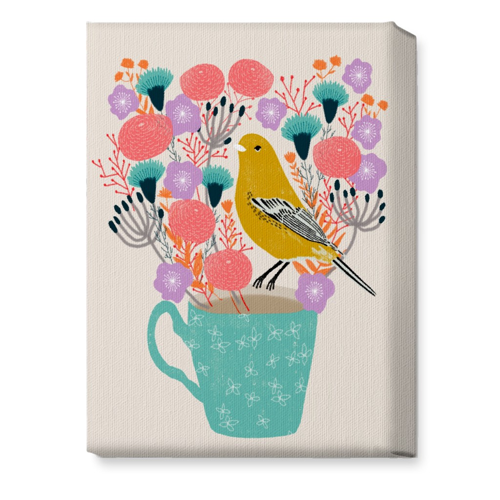 Yellow Bird on Teacup Bouquet Wall Art, No Frame, Single piece, Canvas, 10x14, Multicolor