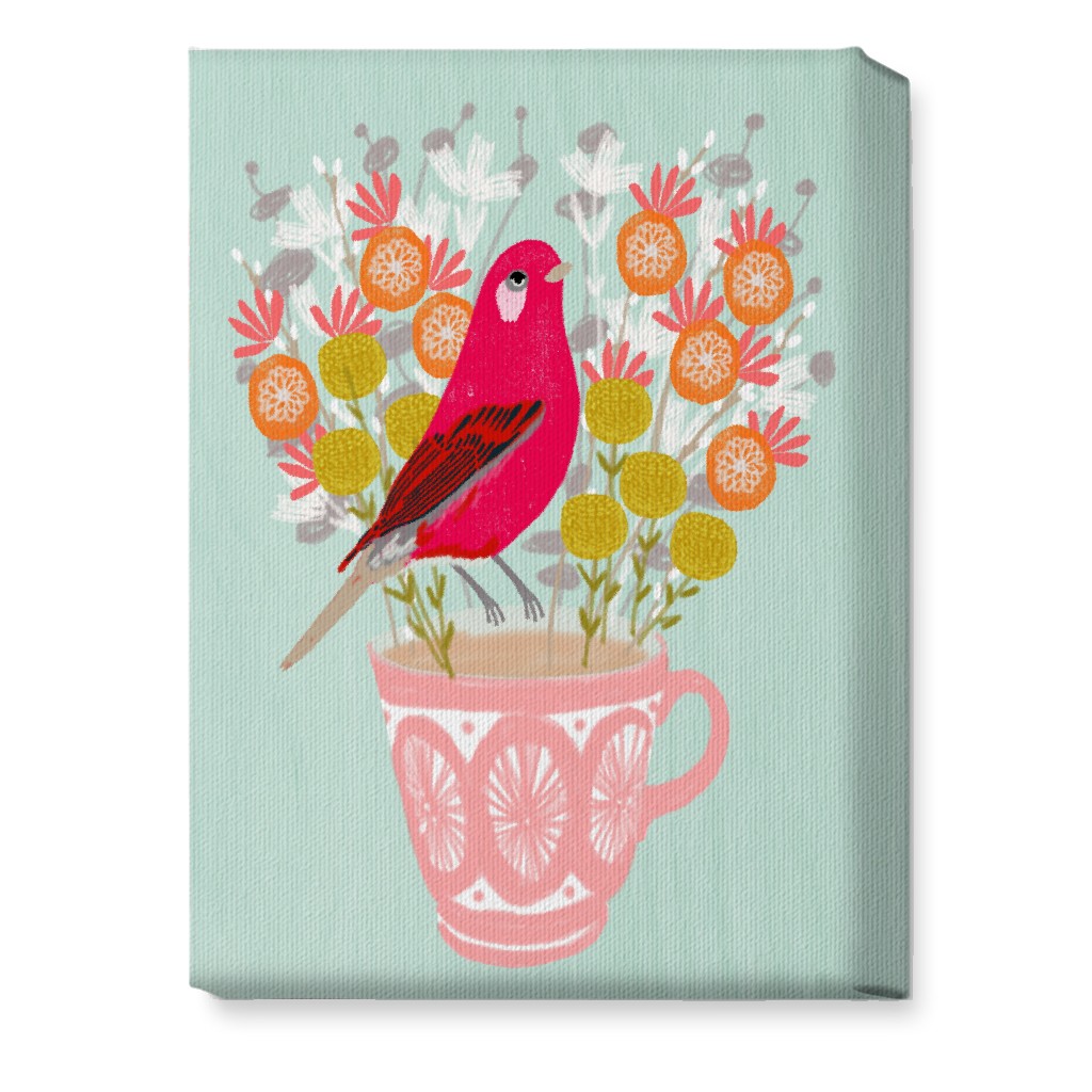 Red Bird on Teacup Bouquet Wall Art, No Frame, Single piece, Canvas, 10x14, Multicolor