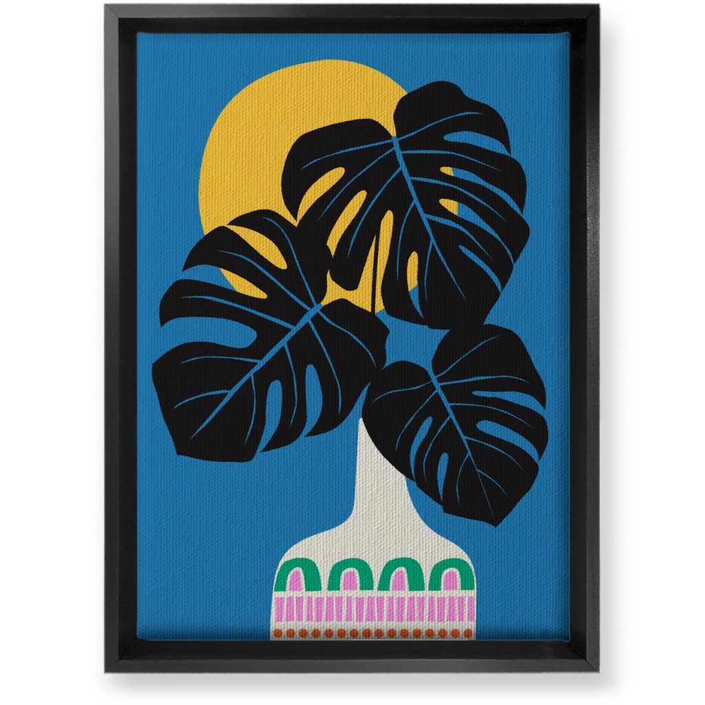 Monstera Leaves in a Vase - Blue Wall Art, Black, Single piece, Canvas, 10x14, Blue