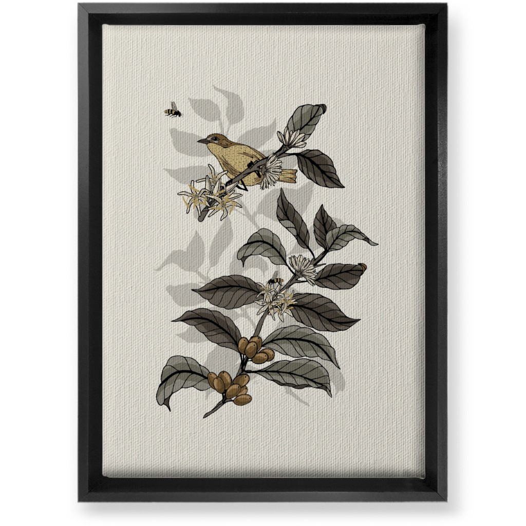 Coffee Plant, Bird, and Bee - Neutral Wall Art, Black, Single piece, Canvas, 10x14, Beige
