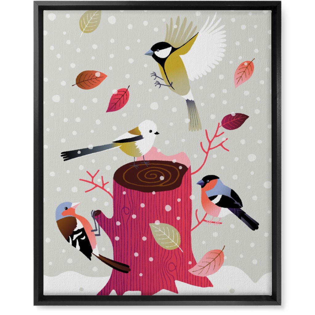 Winter Birds on Tree Stump - Red & Gray Wall Art, Black, Single piece, Canvas, 16x20, Multicolor