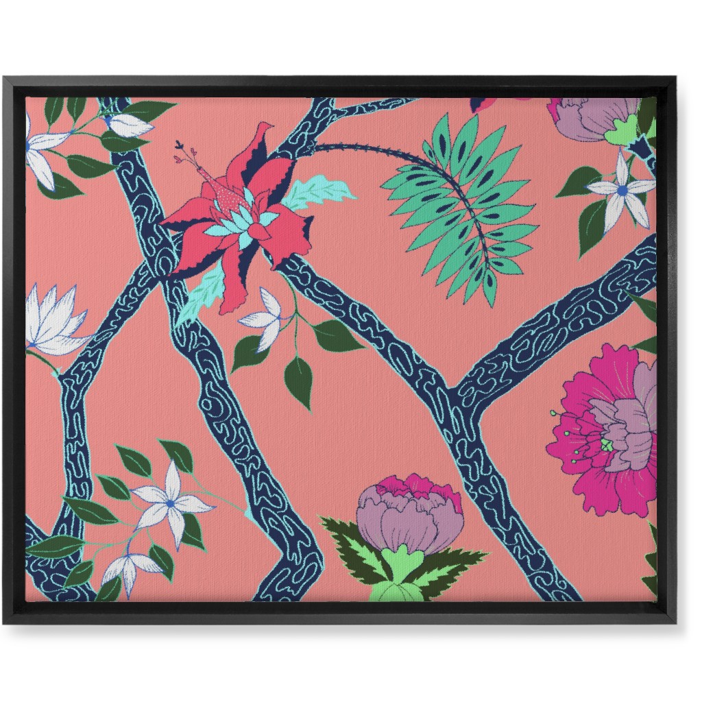 Peony Branches - Coral Wall Art, Black, Single piece, Canvas, 16x20, Multicolor