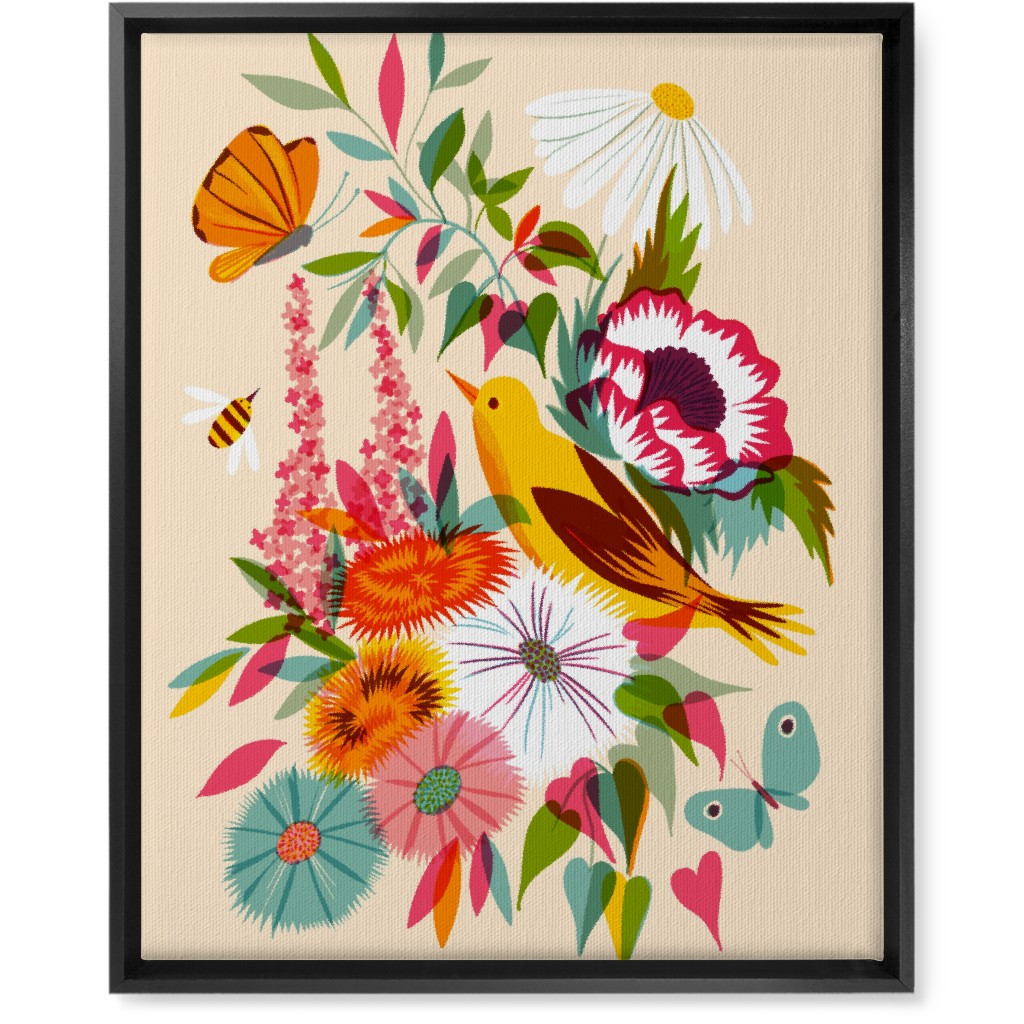 Florals With Pirol and Butterfly - Multi Wall Art, Black, Single piece, Canvas, 16x20, Multicolor