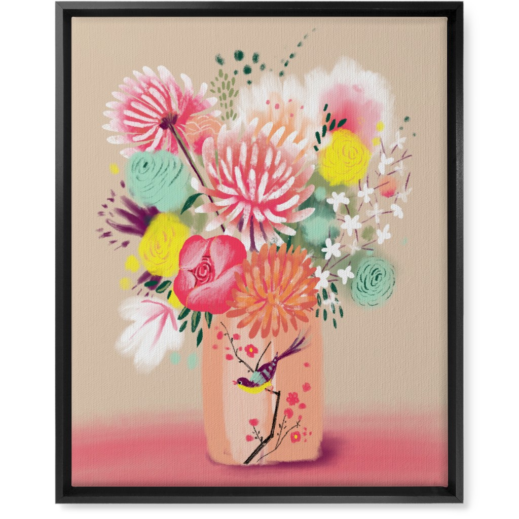 Bouquet in a Bird Vase Wall Art, Black, Single piece, Canvas, 16x20, Pink