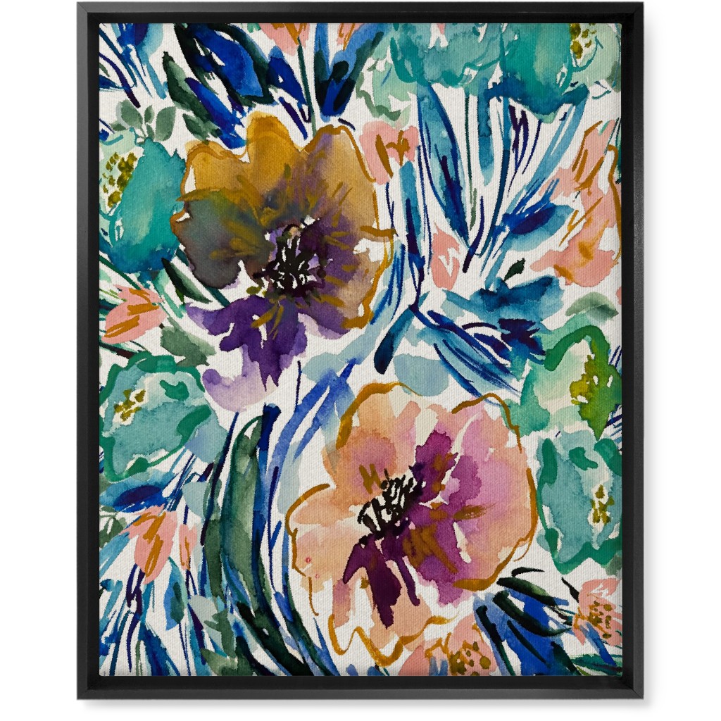 Purple and Blue Florals - Multi Wall Art, Black, Single piece, Canvas, 16x20, Multicolor