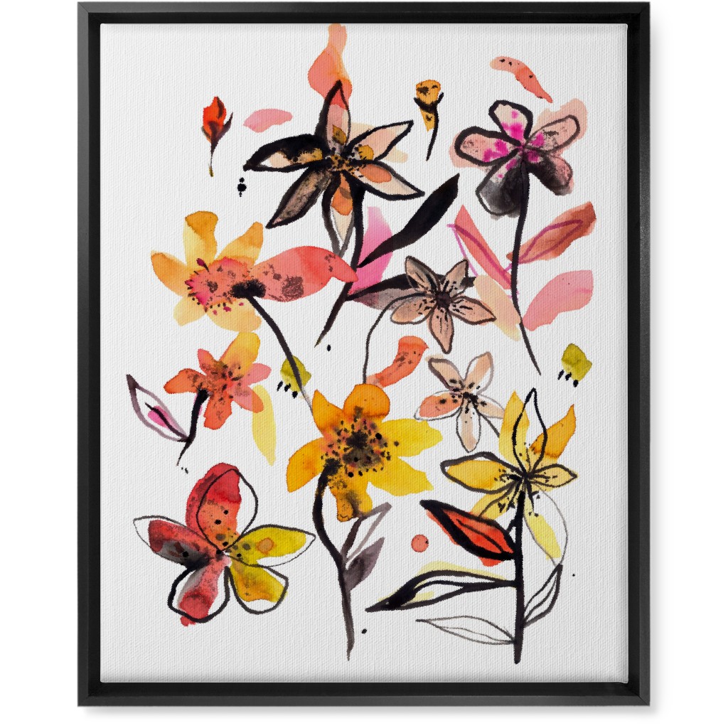 Ink Summer Floral - Pink and Yellow Wall Art, Black, Single piece, Canvas, 16x20, Pink