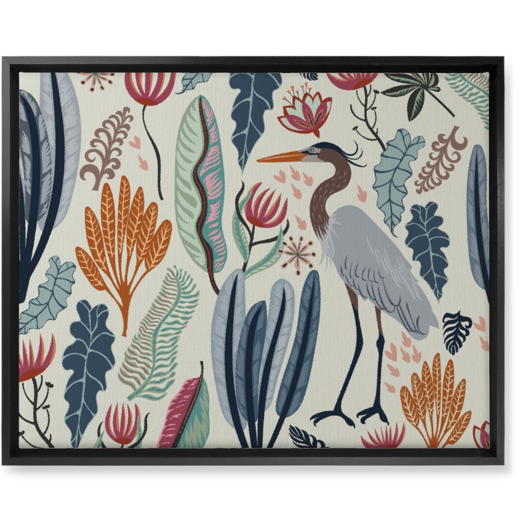 Heron and Plants - Multi on Cream Wall Art, Black, Single piece, Canvas, 16x20, Multicolor